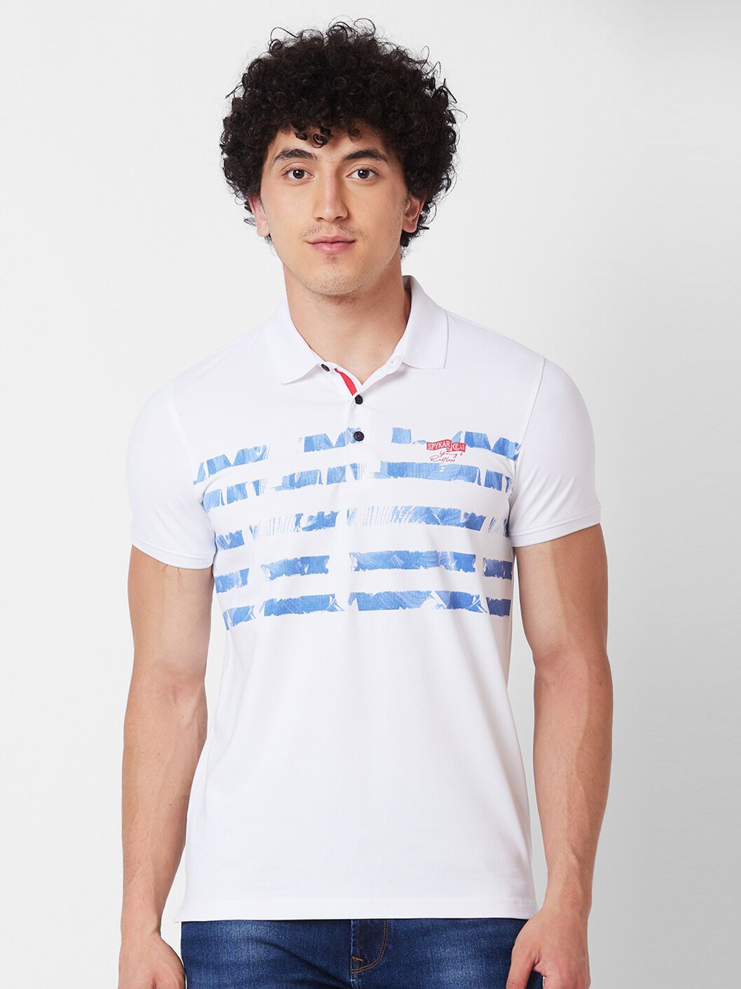 

SPYKAR Striped Printed Polo Collar Cotton Slim Fit T-shirt, White