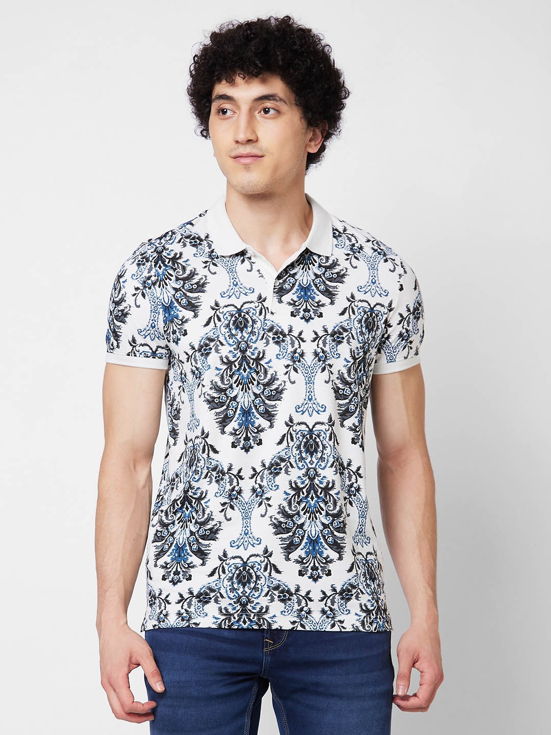 

SPYKAR Abstract Printed Polo Collar Cotton Slim Fit T-shirt, Blue