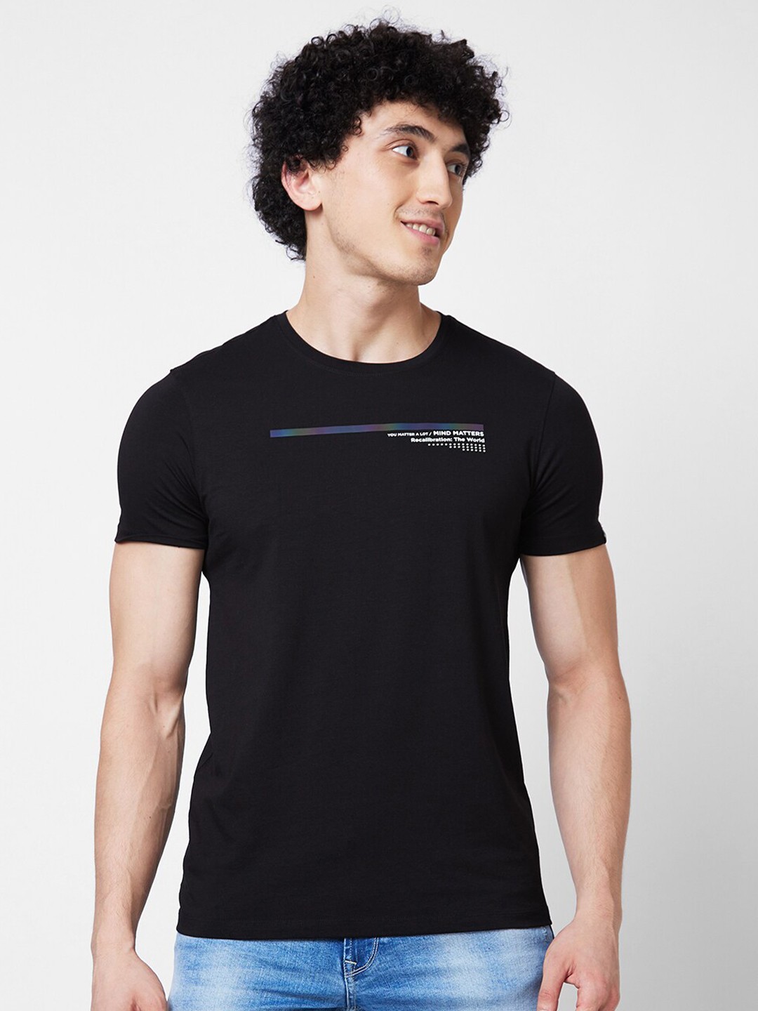 

SPYKAR Round Neck Short Sleeves Typography Print Cotton Slim Fit T-shirt, Black