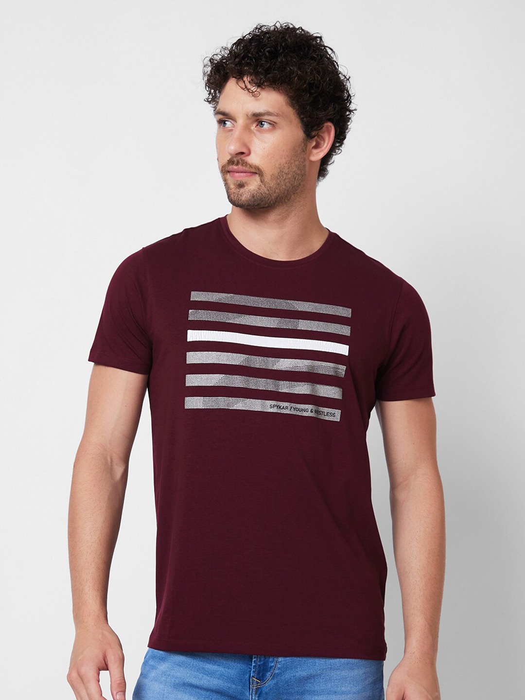 SPYKAR Typography Printed Round Neck Cotton Slim Fit T-shirt, Red