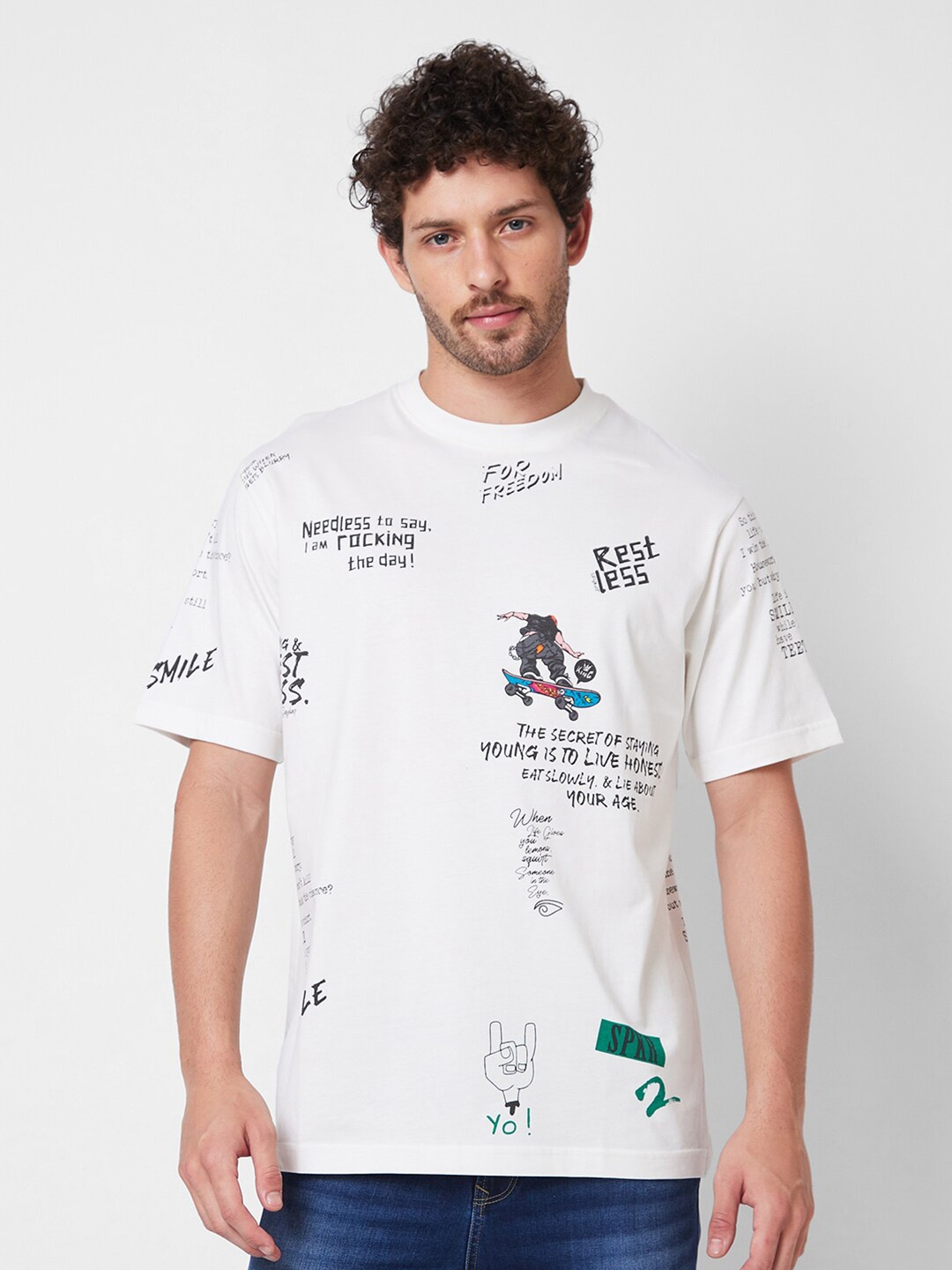 

SPYKAR Round Neck Short Sleeves Typography Printed Cotton T-shirt, White