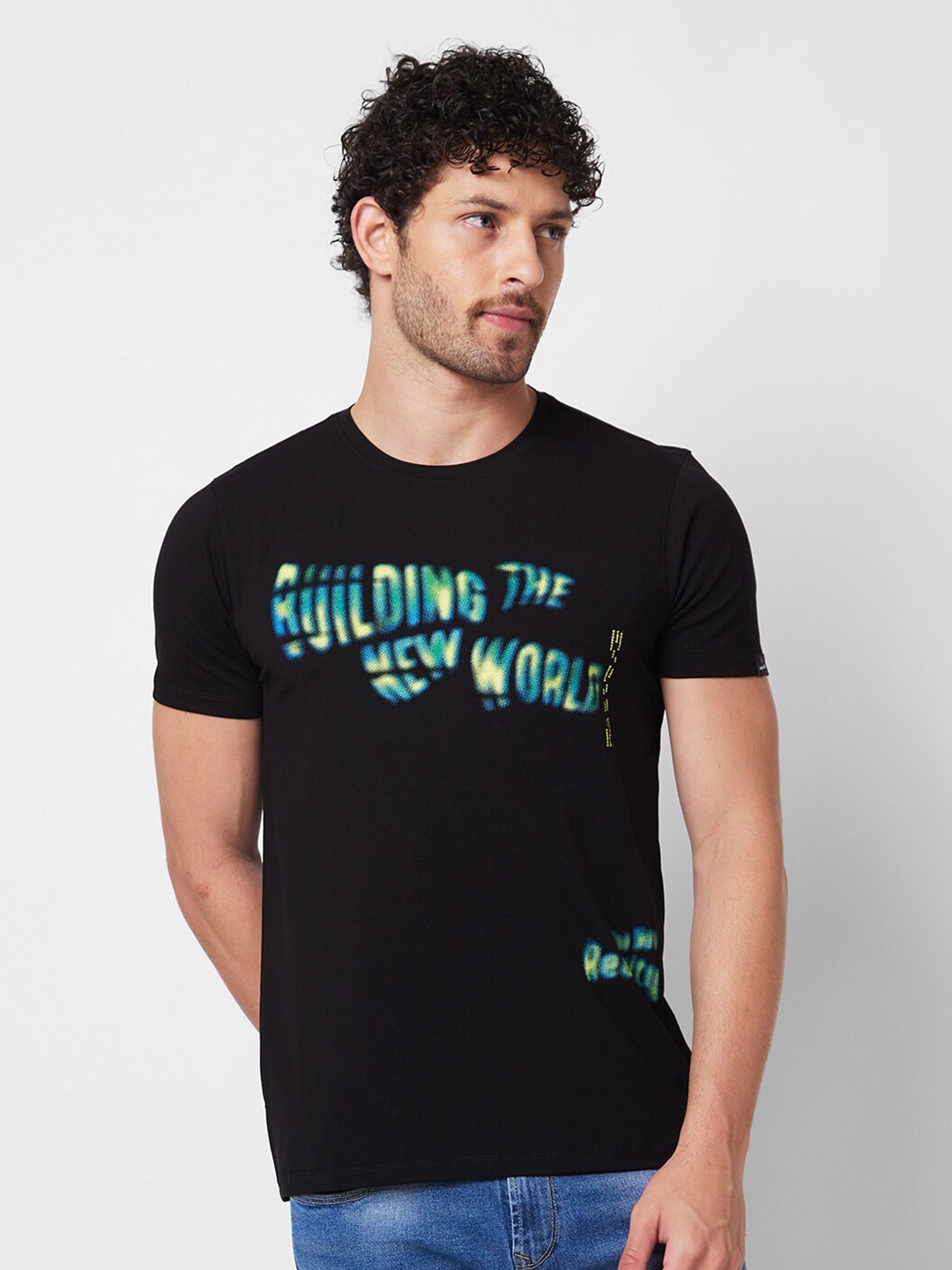 

SPYKAR Round Neck Short Sleeves Typography Printed Cotton Slim Fit T-shirt, Black
