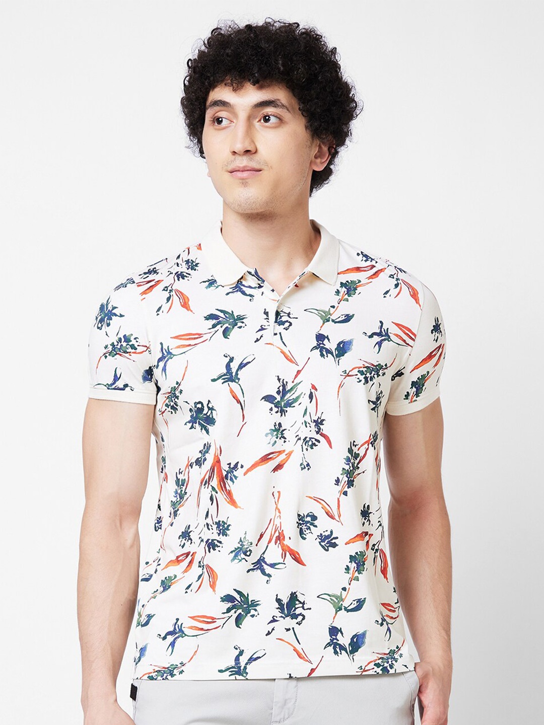 

SPYKAR Floral Printed Polo Collar Cotton Slim Fit T-shirt, White