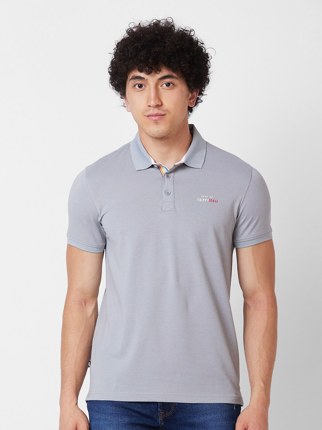 

SPYKAR Polo Collar Embroidered Cotton Slim Fit T-shirt, Grey