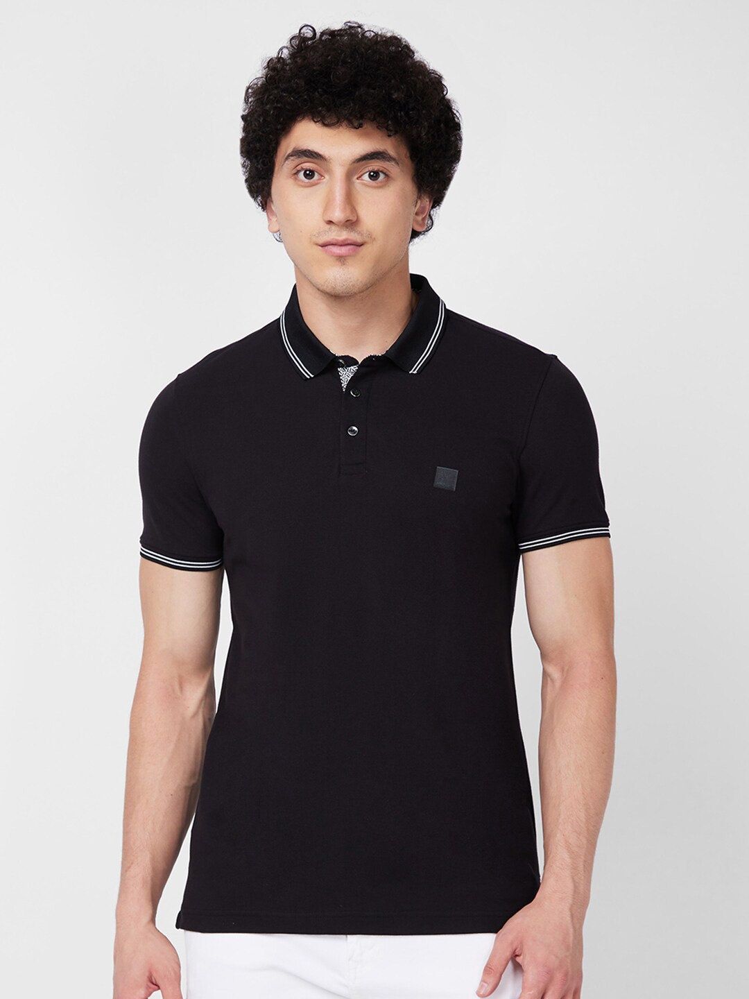 

SPYKAR Polo Collar Short Sleeves Slim Fit Cotton T-shirt, Black
