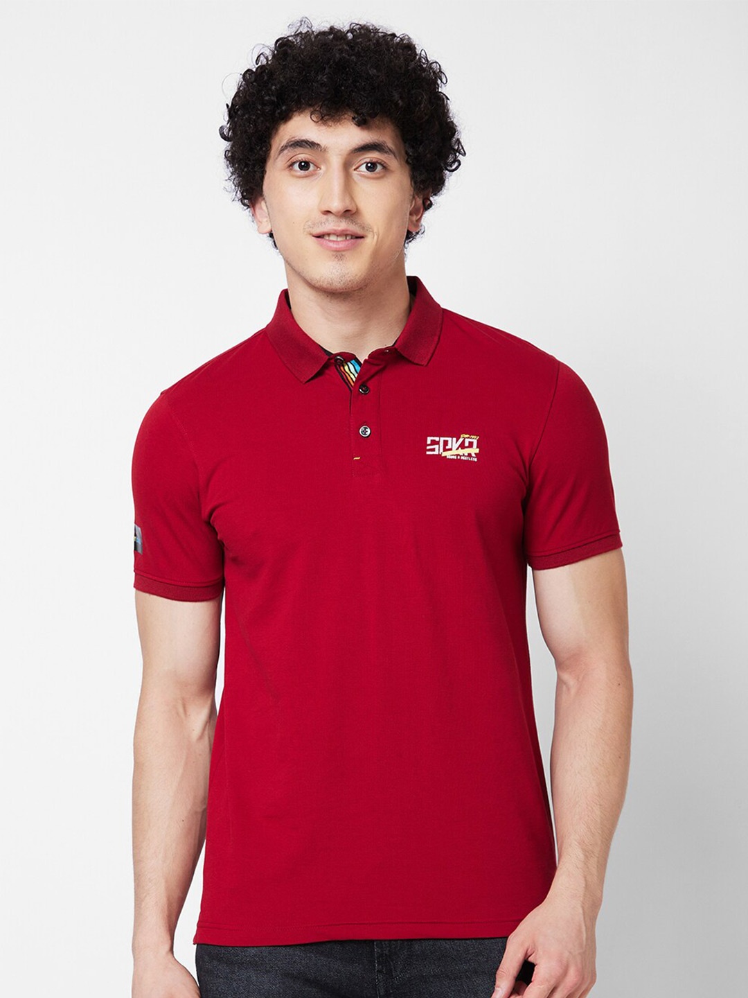 

SPYKAR Polo Collar Short Sleeves Cotton Slim Fit T-shirt, Red