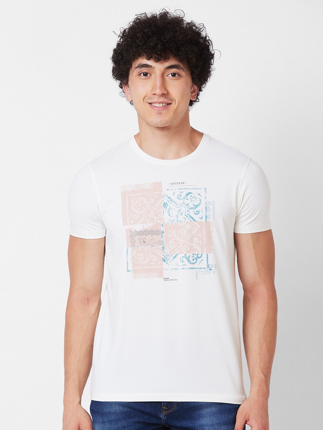 

SPYKAR Round Neck Short Sleeves Printed Slim Fit Cotton T-shirt, White
