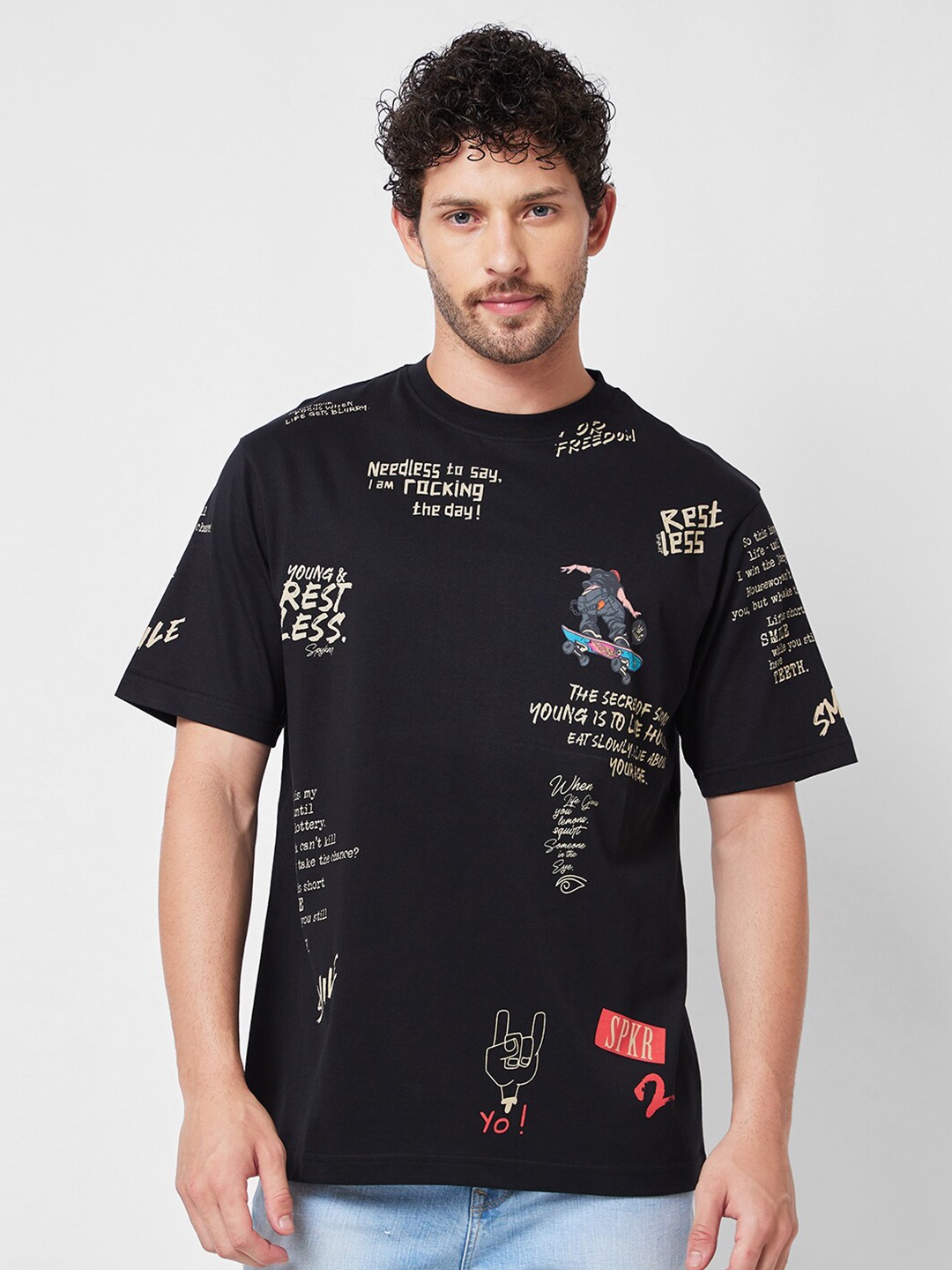 

SPYKAR Round Neck Short Sleeves Printed Cotton T-shirt, Black