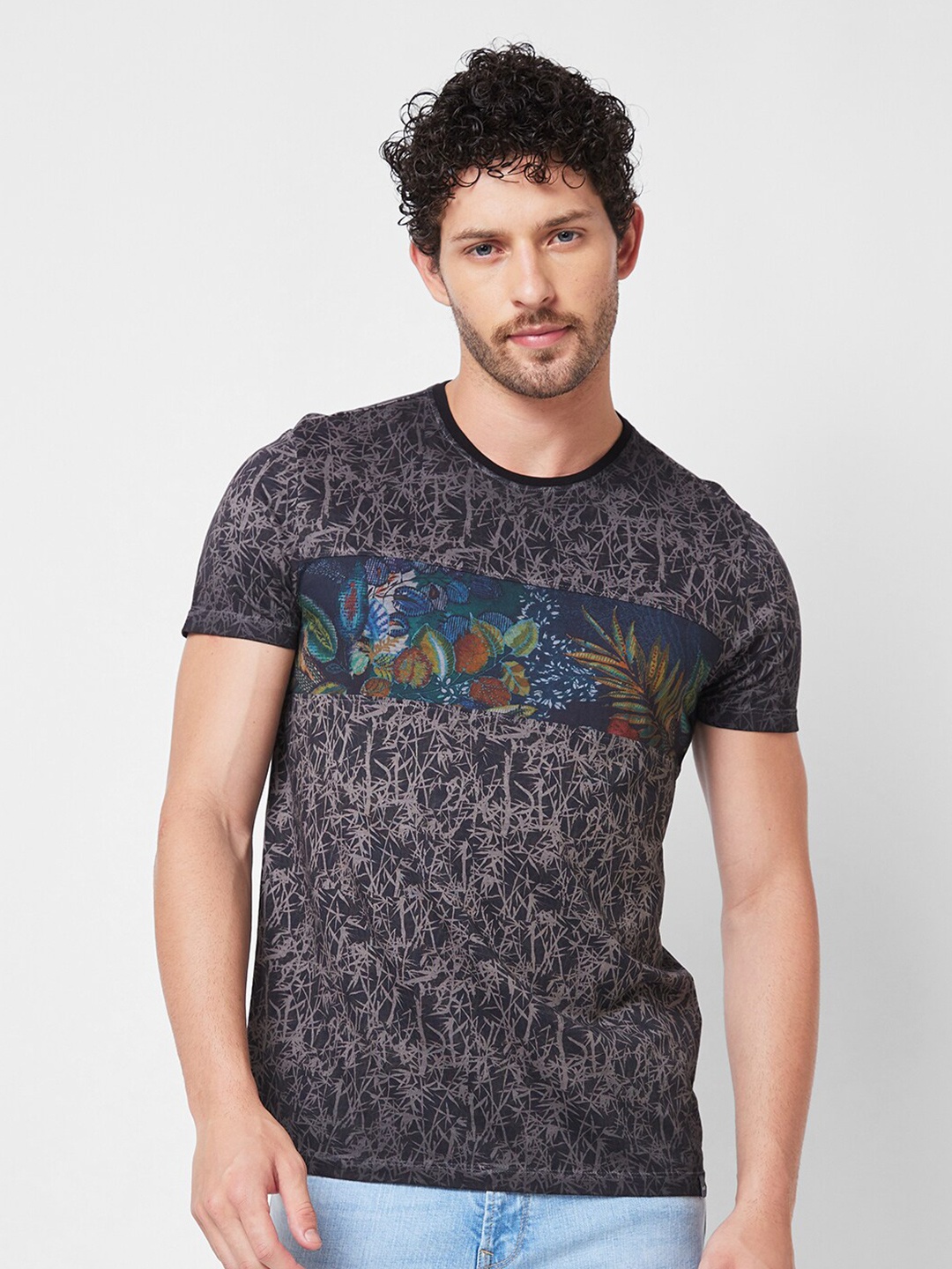 

SPYKAR Abstract Printed Round Neck Cotton Slim Fit T-shirt, Grey