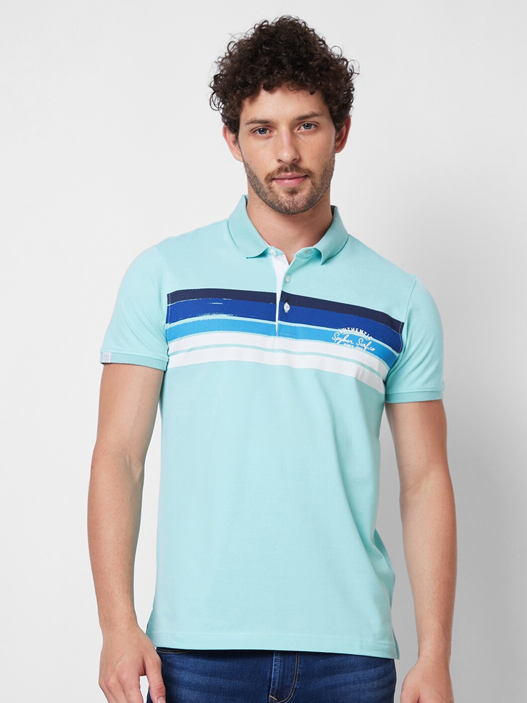

SPYKAR Striped Polo Collar Short Sleeves Slim Fit Cotton T-shirt, Blue
