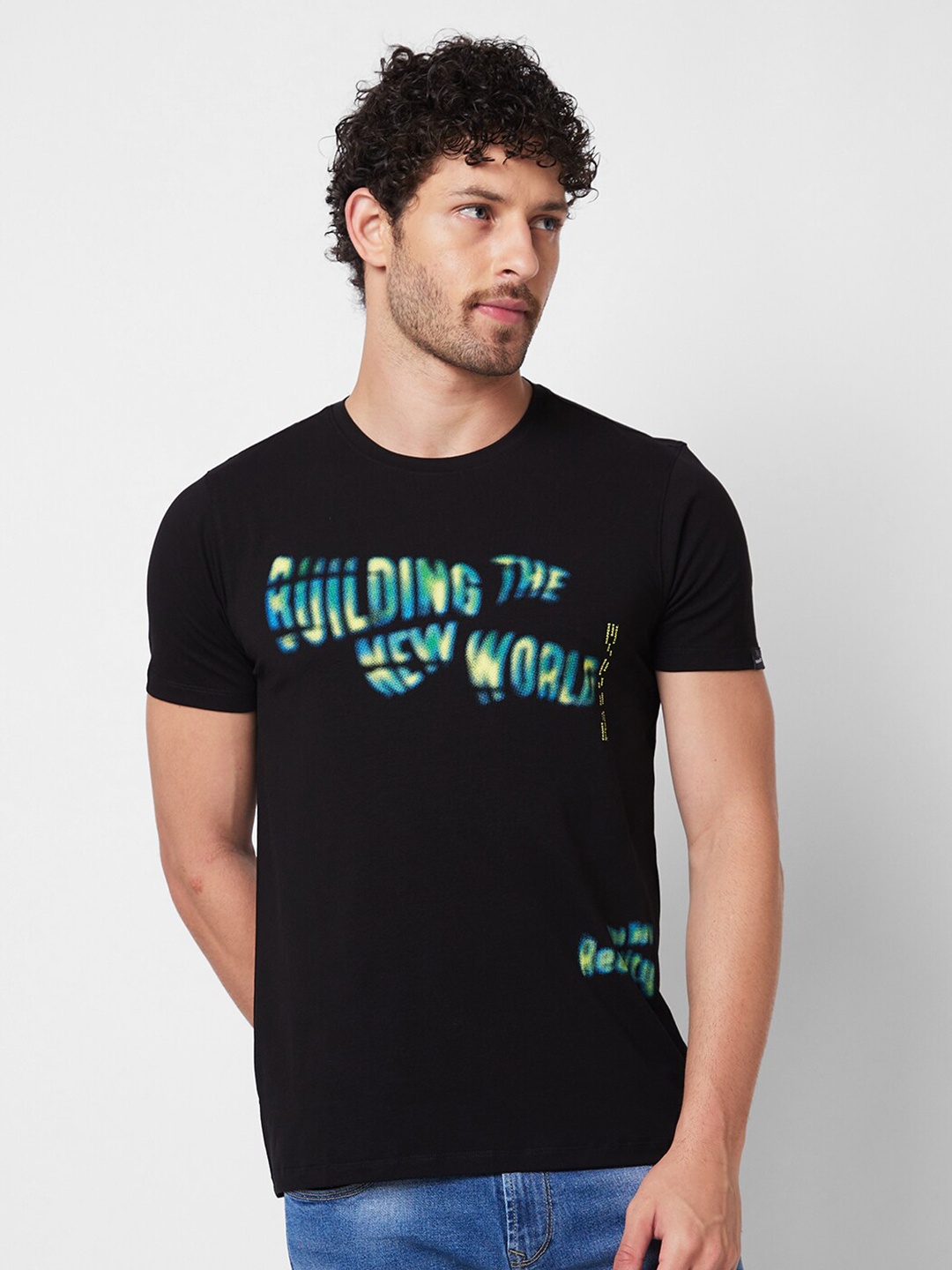 

SPYKAR Typography Printed Round Neck Slim Fit T-shirt, Black