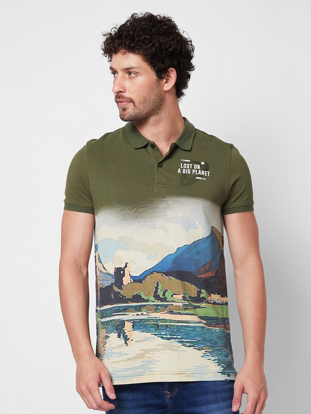 

SPYKAR Graphic Printed Polo Collar Cotton Slim Fit T-shirt, Green