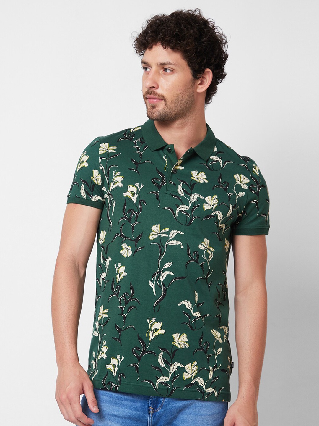 

SPYKAR Floral Printed Polo Collar Cotton Slim Fit T-shirt, Green