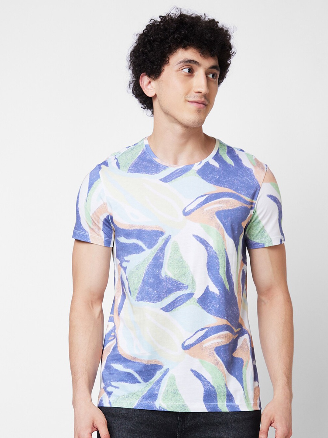

SPYKAR Round Neck Short Sleeves Printed Slim Fit Cotton T-shirt, Blue