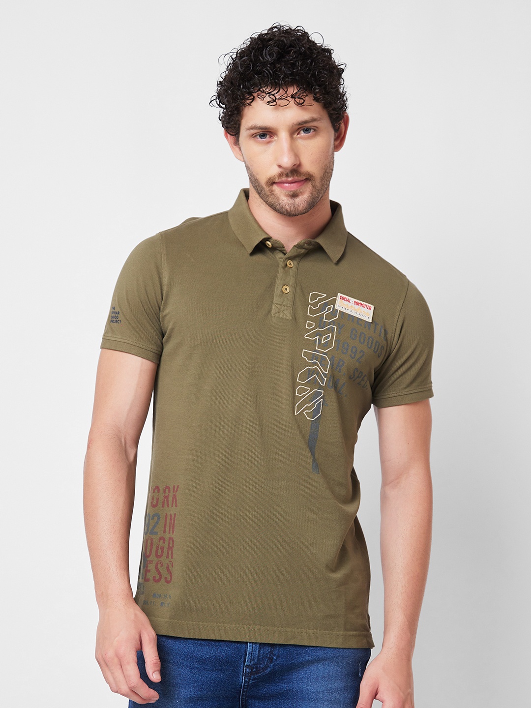 

SPYKAR Typography Printed Polo Collar Applique Cotton Slim Fit T-shirt, Green