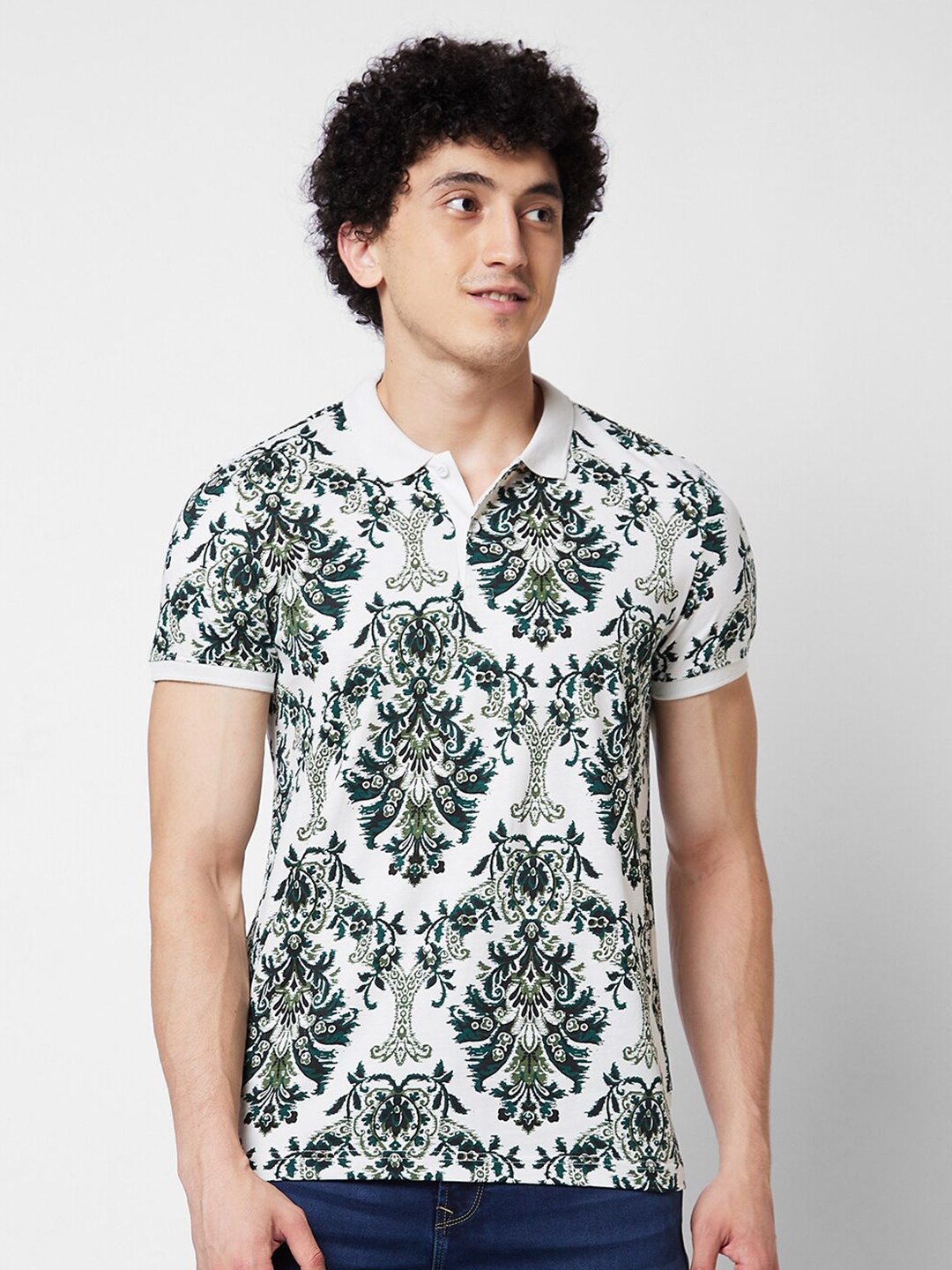 

SPYKAR Printed Polo Collar Cotton Slim Fit T-shirt, Green