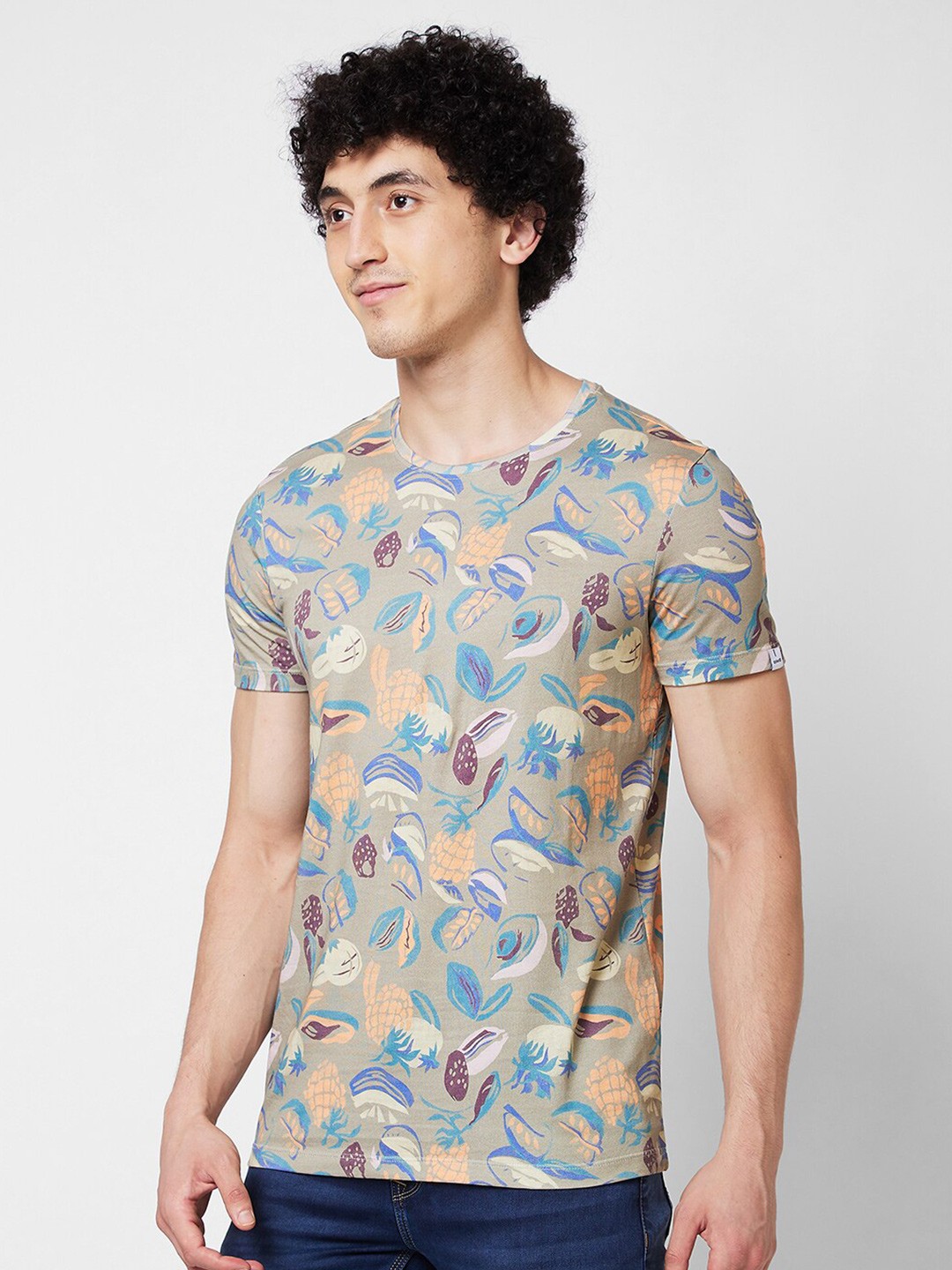 

SPYKAR Round Neck Short Sleeves Printed Slim Fit Cotton T-shirt, Green