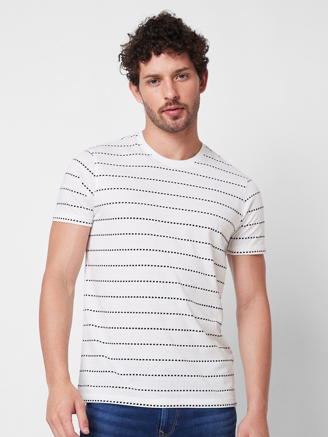 

SPYKAR Striped Cotton Slim Fit T-shirt, White