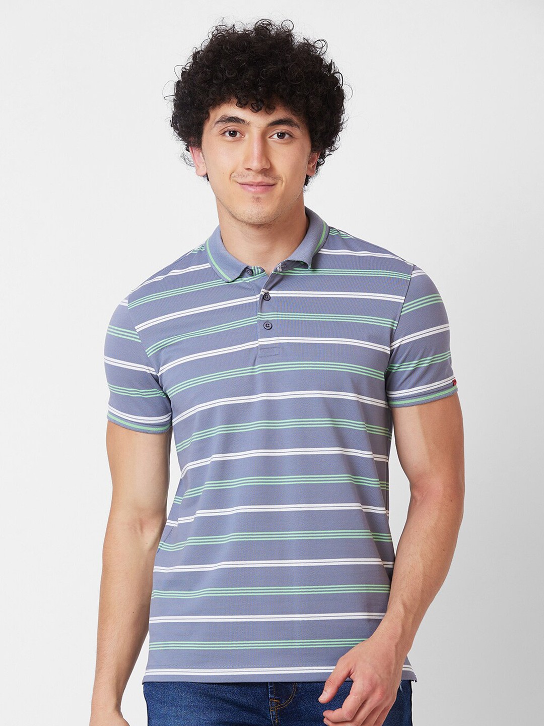 

SPYKAR Striped Polo Collar Cotton Slim Fit T-shirt, Grey