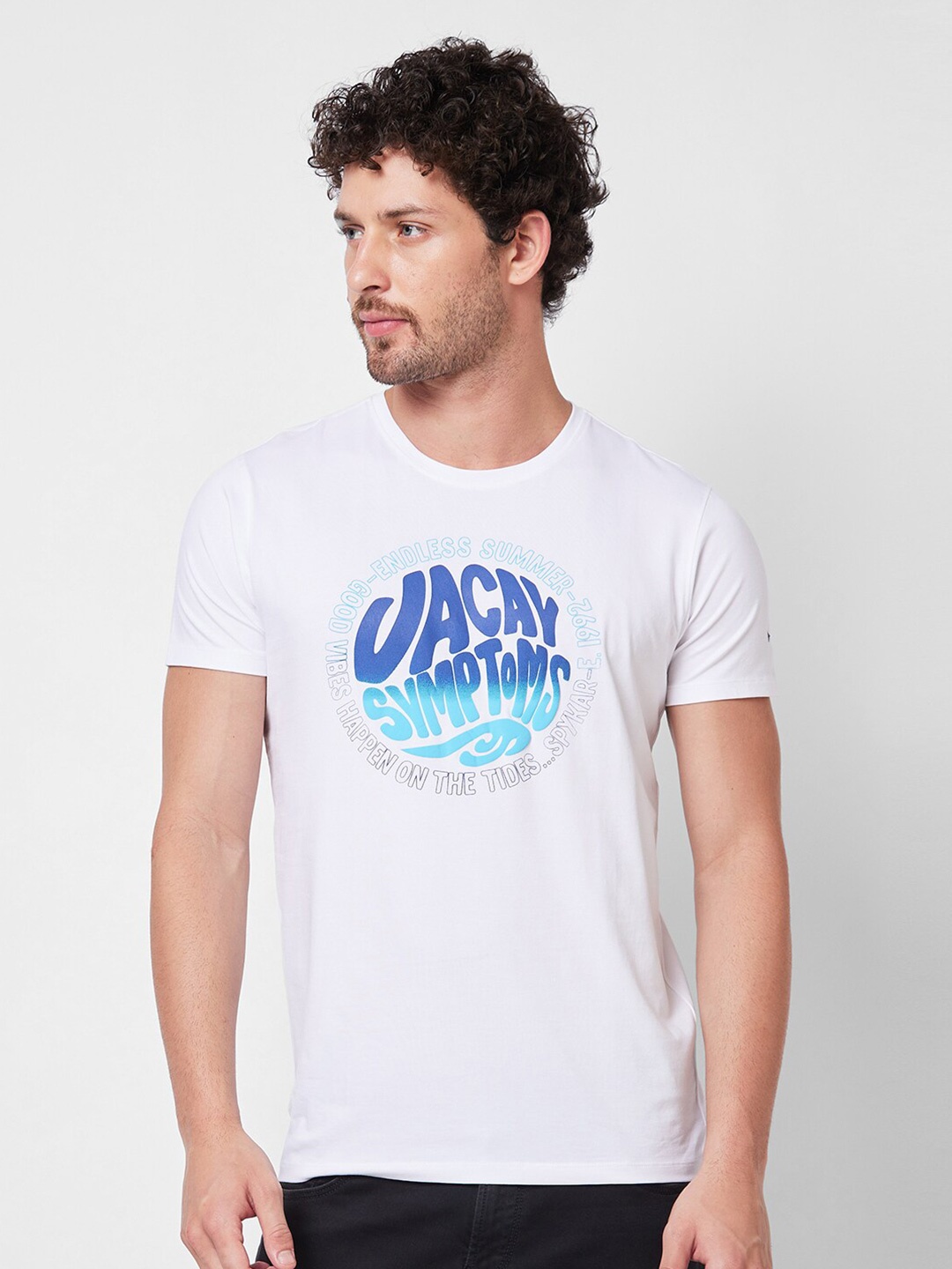 SPYKAR Typography Printed Round Neck Cotton Slim Fit Tshirt, White
