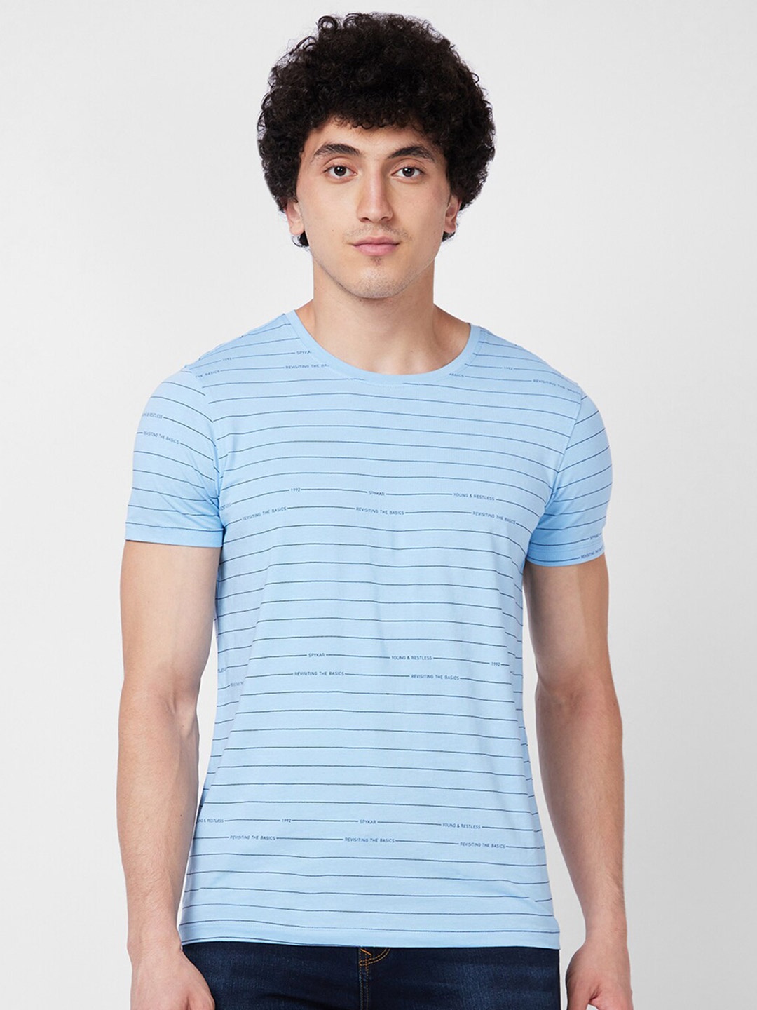 

SPYKAR Round Neck Short Sleeves Striped Slim Fit Cotton T-shirt, Blue