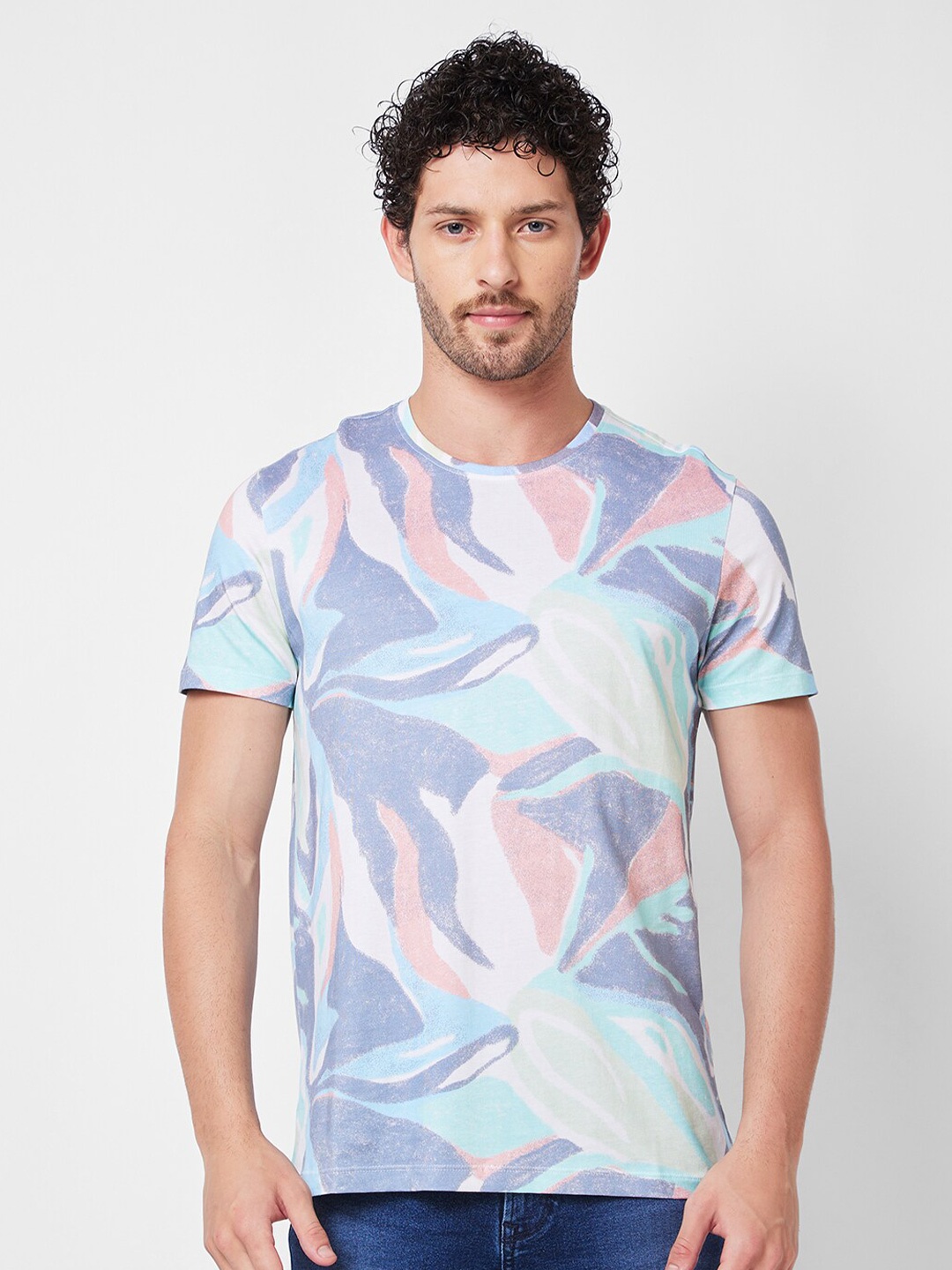 

SPYKAR Abstract Printed Round Neck Cotton Slim Fit T-shirt, Grey