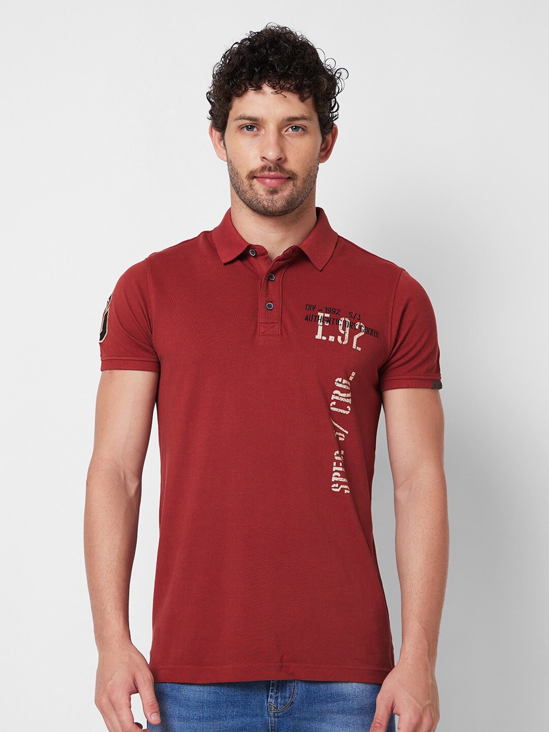 SPYKAR Typography Printed Polo Collar Slim Fit Cotton T-shirt, Red