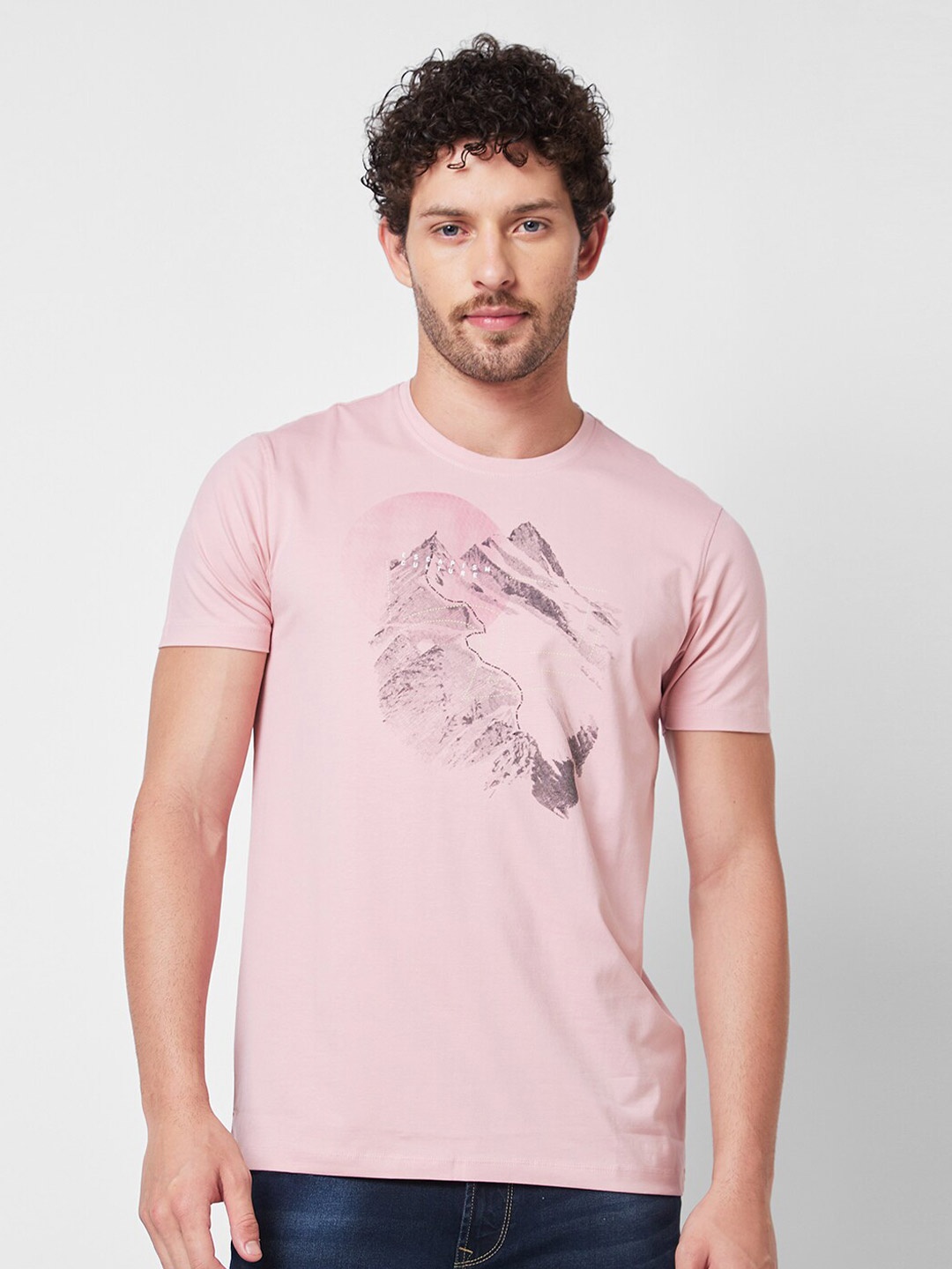 

SPYKAR Round Collar Short Sleeves Printed Slim Fit Cotton T-shirt, Pink