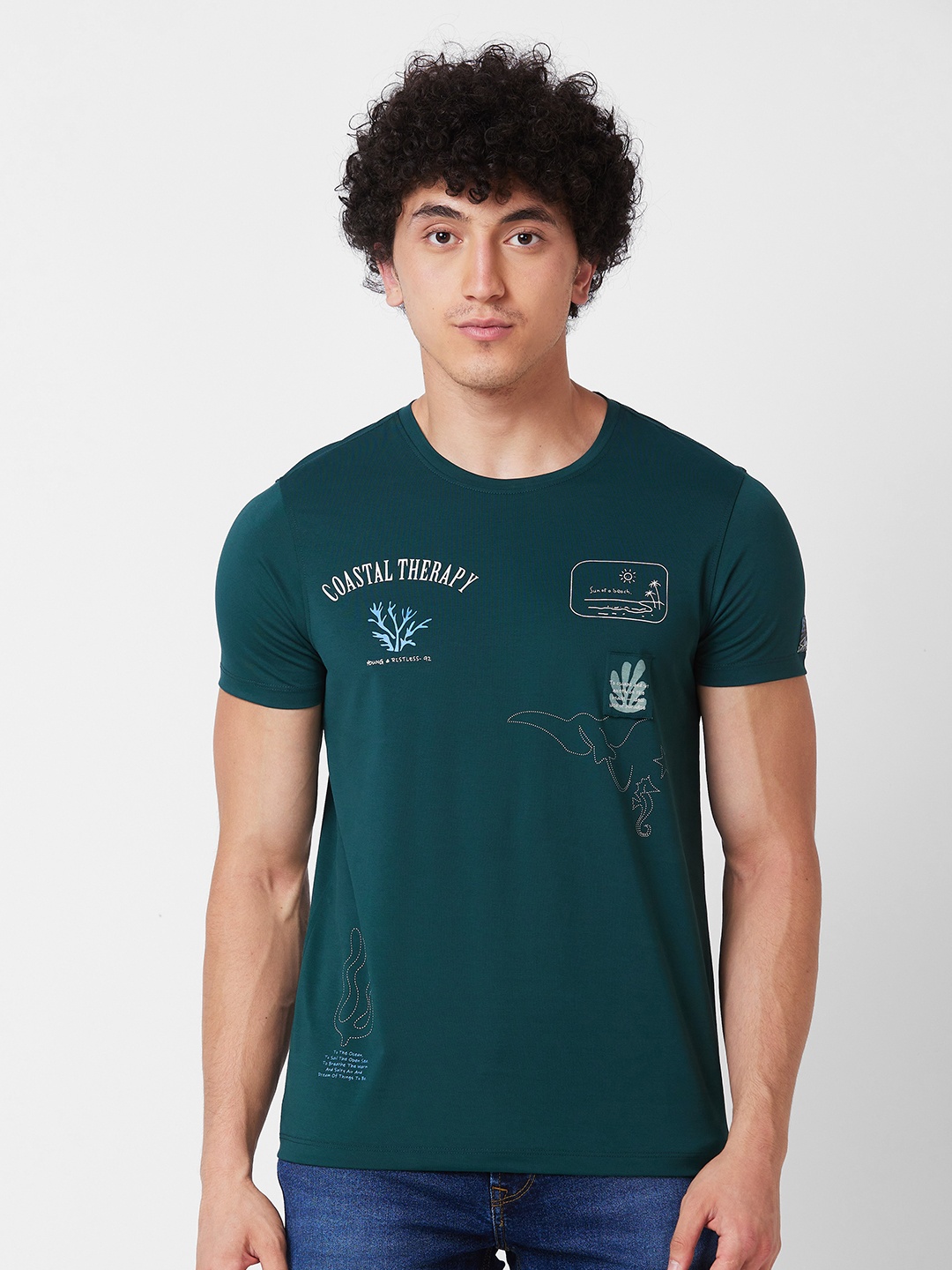 SPYKAR Typography Printed Cotton Slim Fit T-shirt, Green