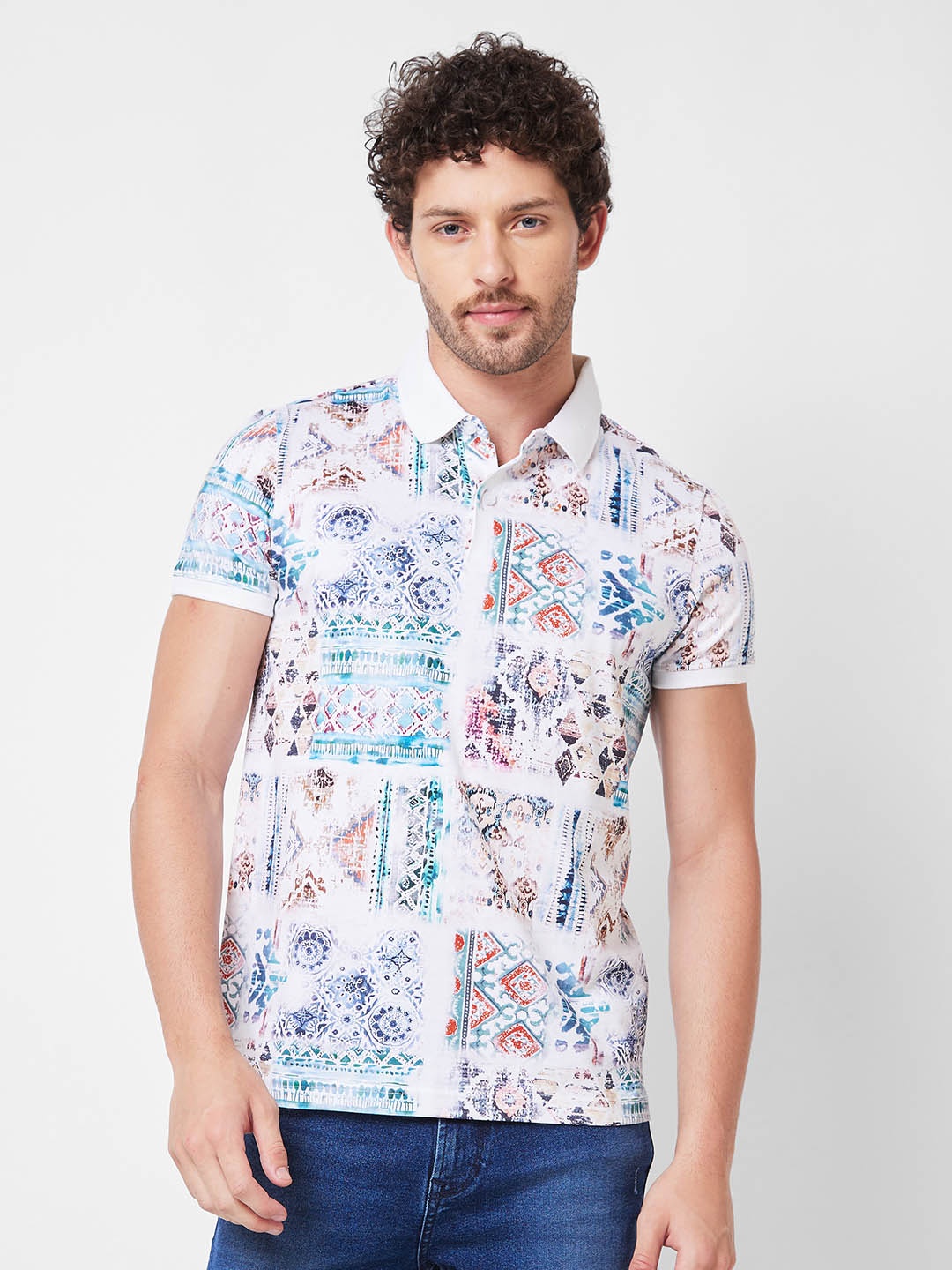 

SPYKAR Printed Polo Collar Slim Fit Cotton T-shirt, White