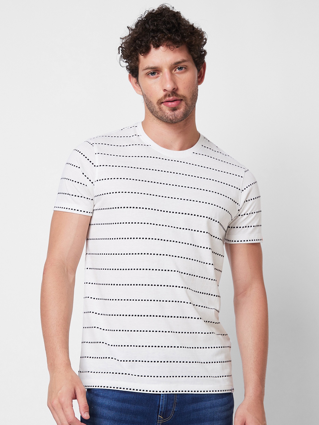 

SPYKAR Round Neck Striped Cotton Slim Fit T-shirt, White