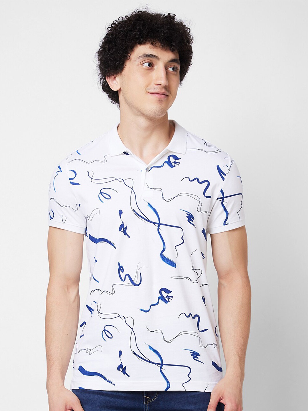 

SPYKAR Abstract Printed Polo Collar Cotton Slim Fit T-shirt, White