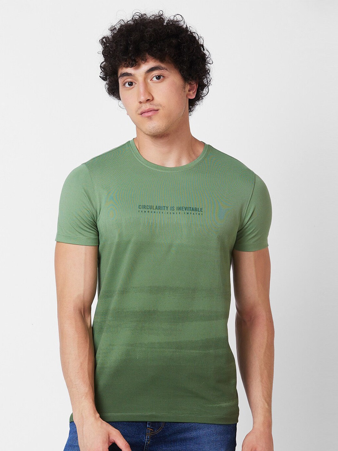 

SPYKAR Abstract Printed Round NeckSlim Fit T-shirt, Green
