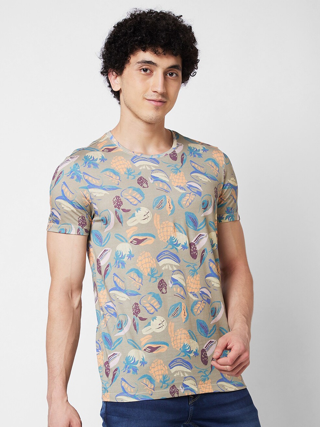 

SPYKAR Round neck Short Sleeves Printed Slim Fit Cotton T-shirt, Green