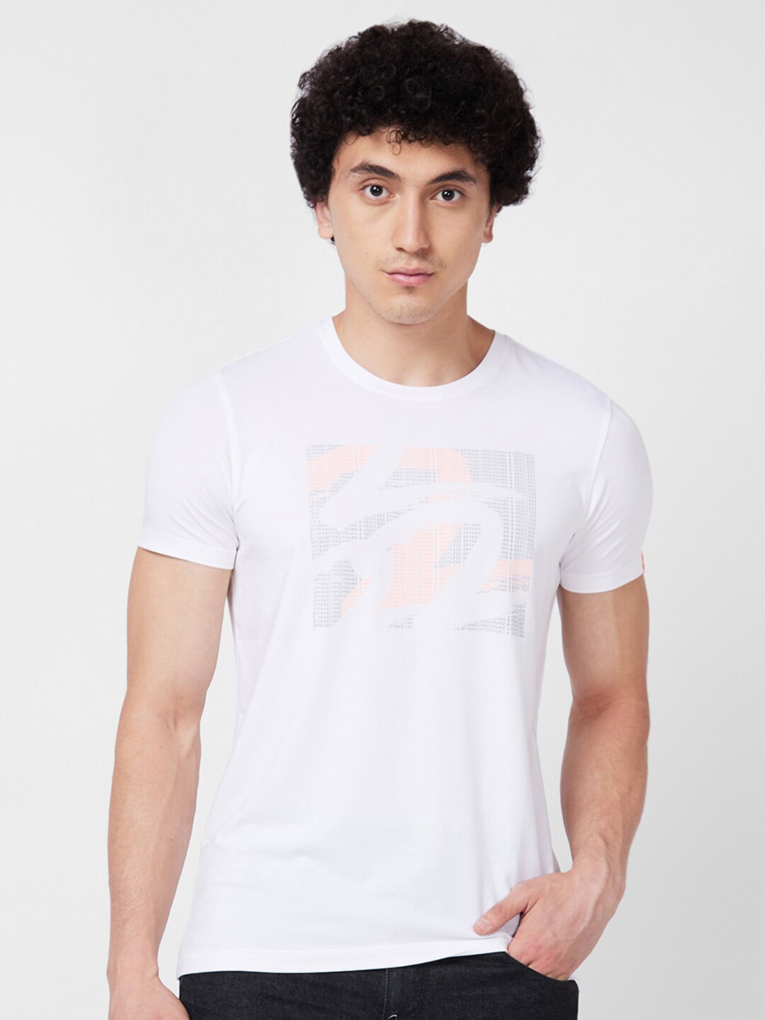 

SPYKAR Graphic Printed Round Neck Slim Fit Cotton T-shirt, White