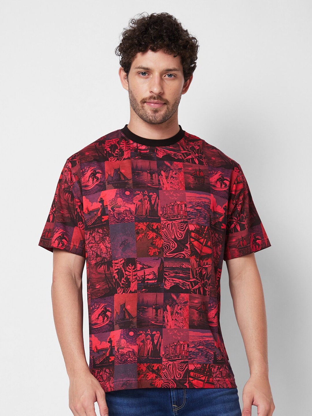 

SPYKAR Round Neck Short Sleeves Cotton Graphic Printed T-shirt, Red
