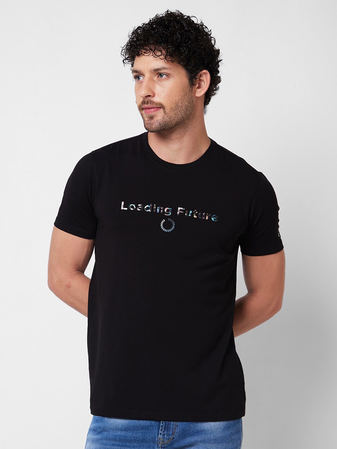 

SPYKAR Typography Printed Round Neck Cotton Slim Fit T-shirt, Black