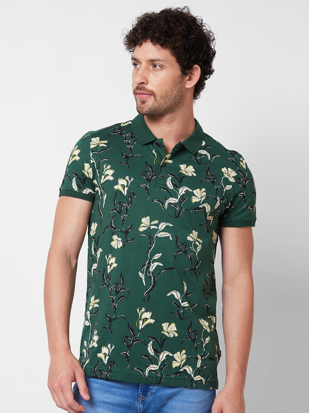 

SPYKAR Floral Printed Polo Collar Slim Fit T-shirt, Green