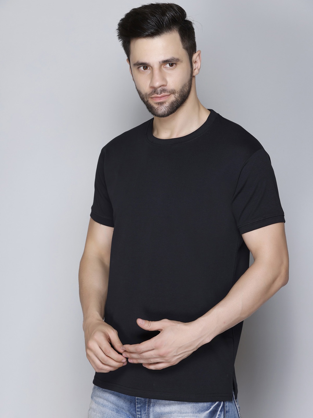 

JINXER Round Neck Short Sleeves Cotton T-Shirt, Black