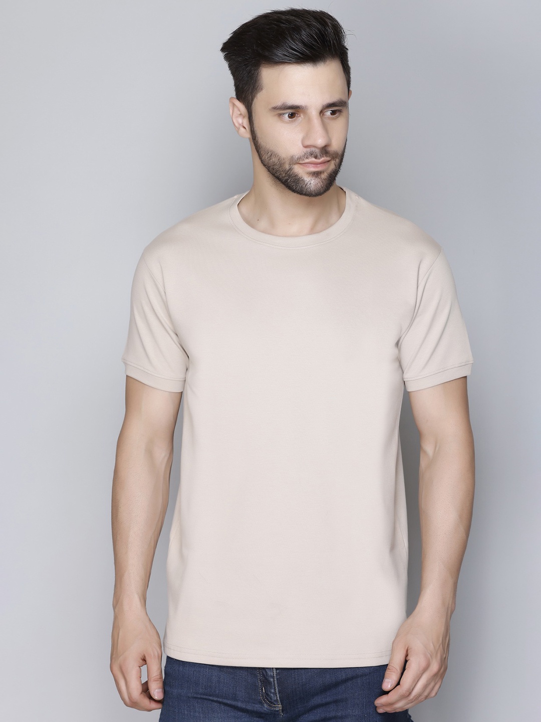 

JINXER Round Neck Short Sleeves Cotton T-Shirt, Beige