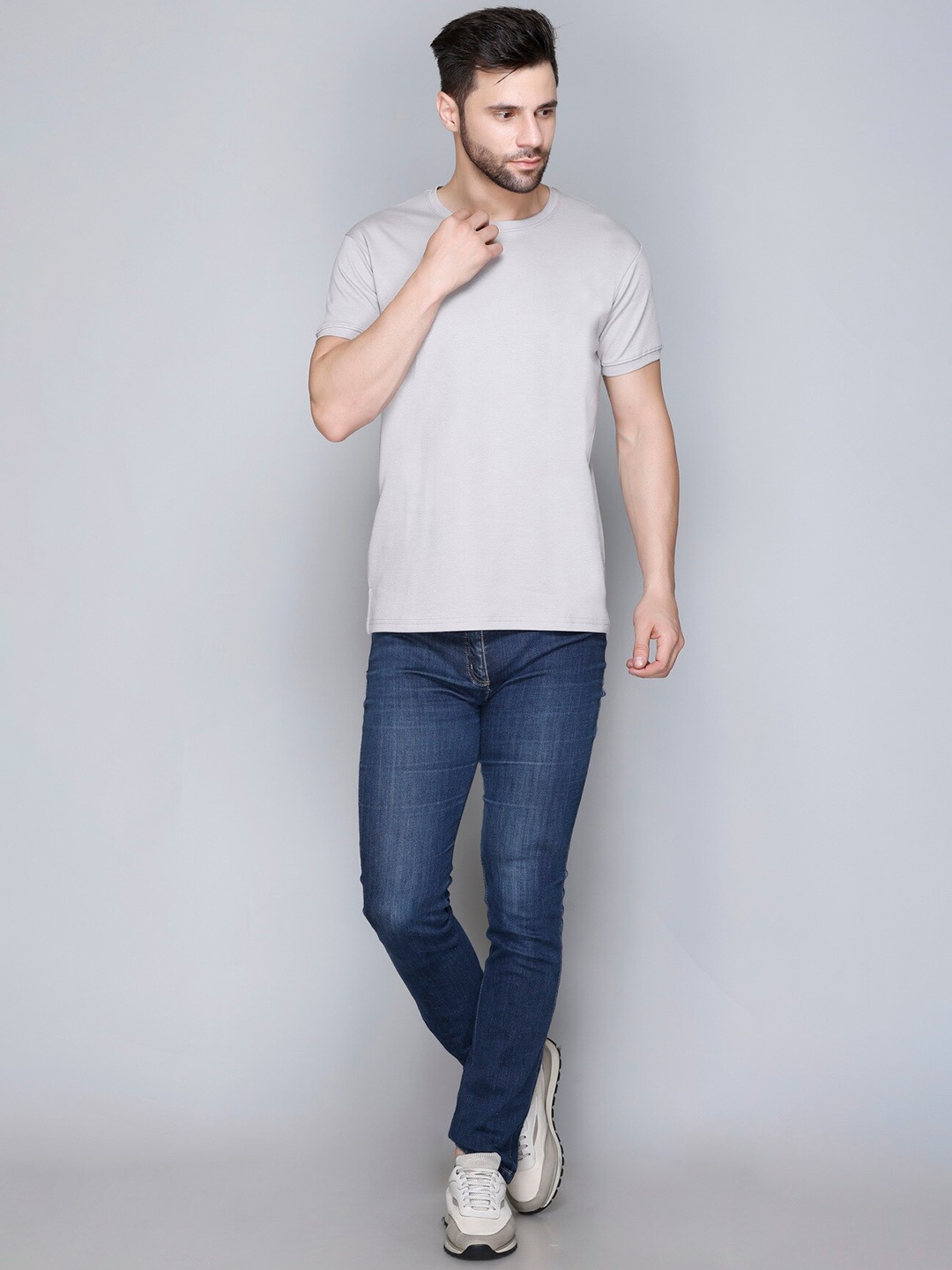 

JINXER Round Neck Short Sleeves Cotton T-Shirt, Grey