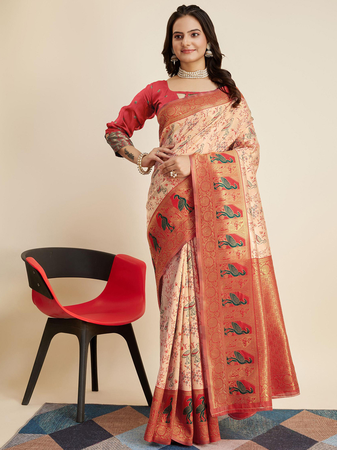 

HERE&NOW Woven Design Zari Banarasi Saree, Peach