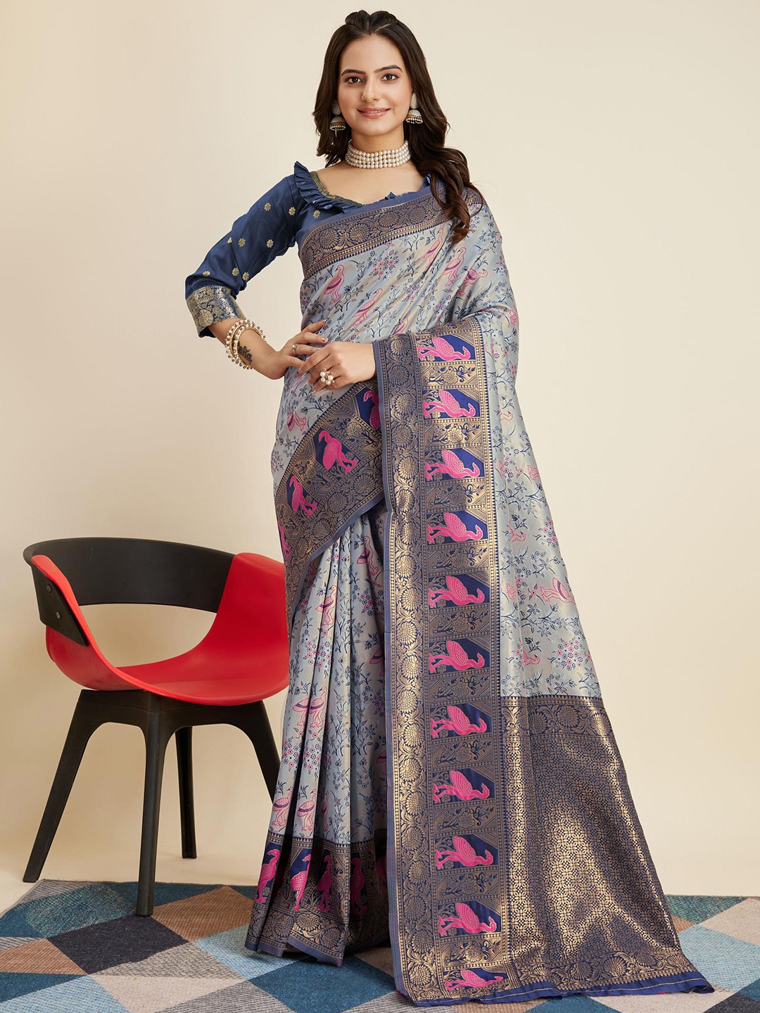 

HERE&NOW Ethnic Motifs Zari Banarasi Saree, Grey