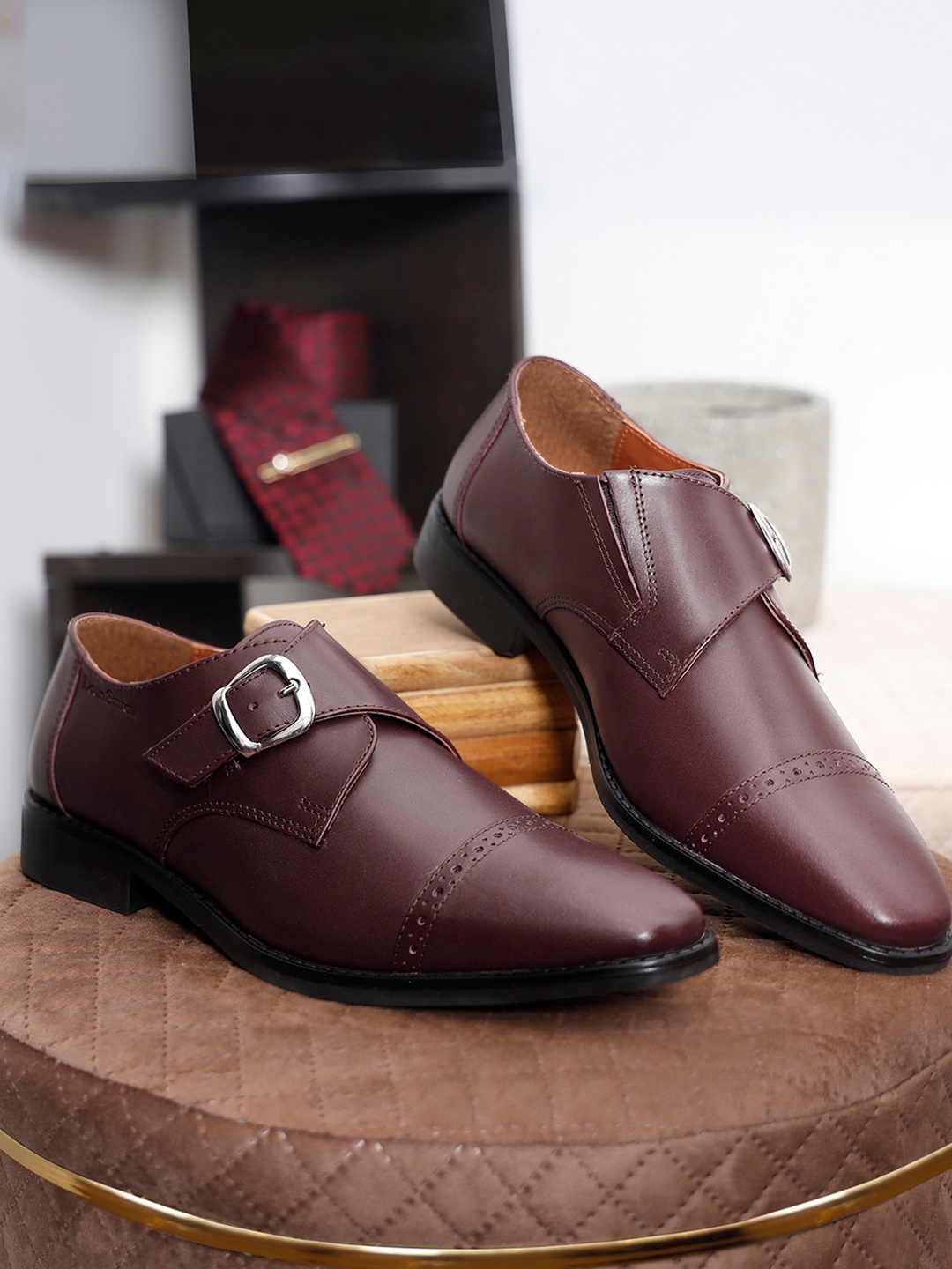 

LOUIS STITCH Men Rosewood Premium Italian Leather Formal Monk Shoes, Maroon