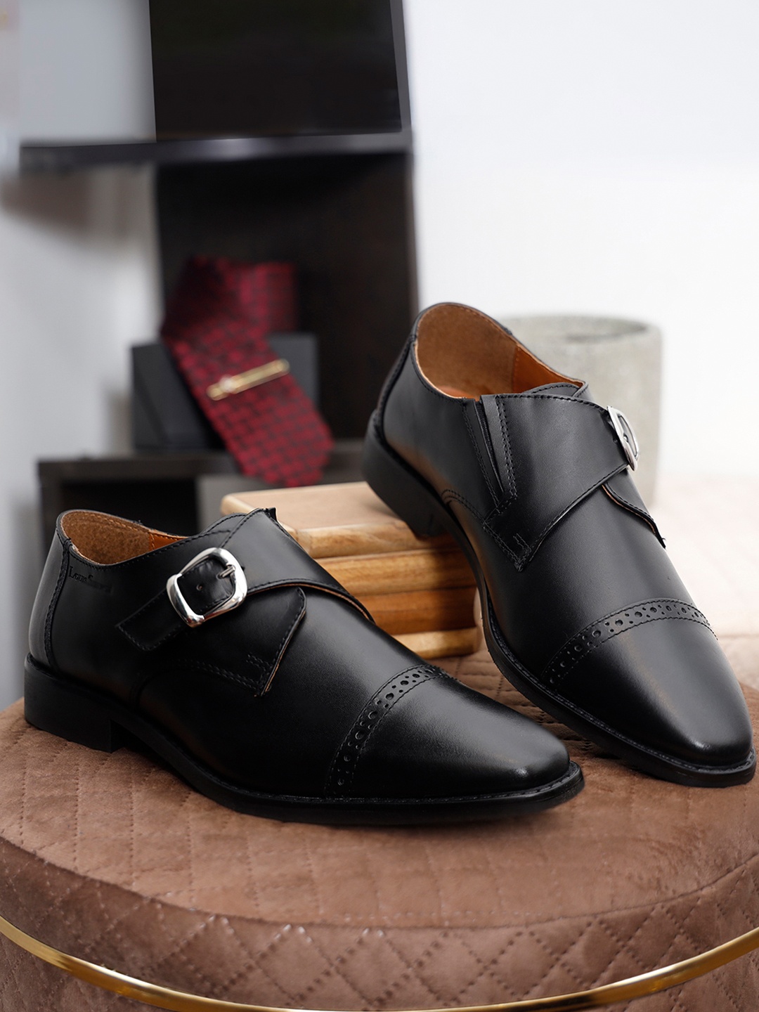 

LOUIS STITCH Men Jet Black Premium Italian Leather Formal Monk Shoes