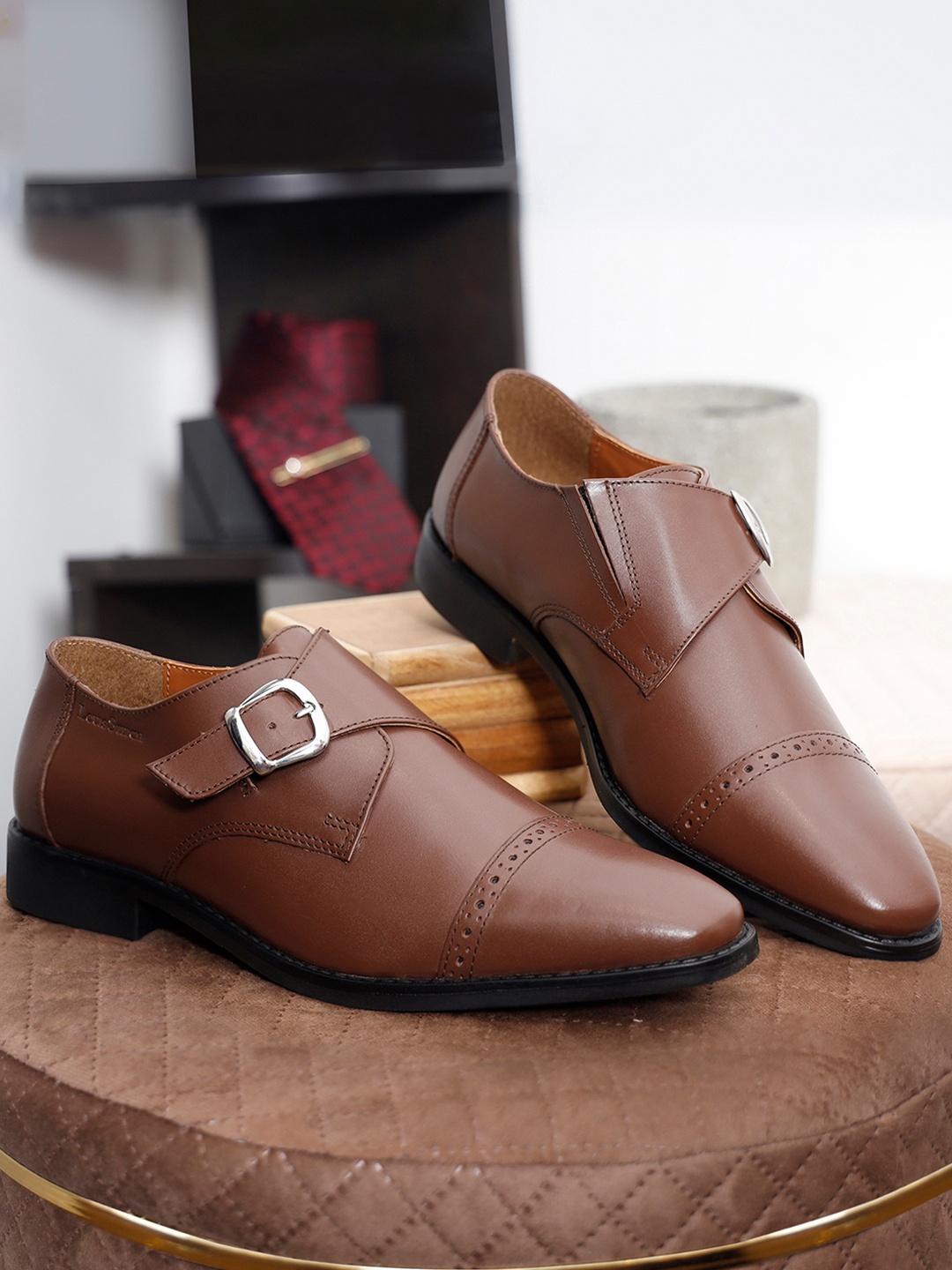 

LOUIS STITCH Men Tan Premium Italian Leather Formal Monk Shoes