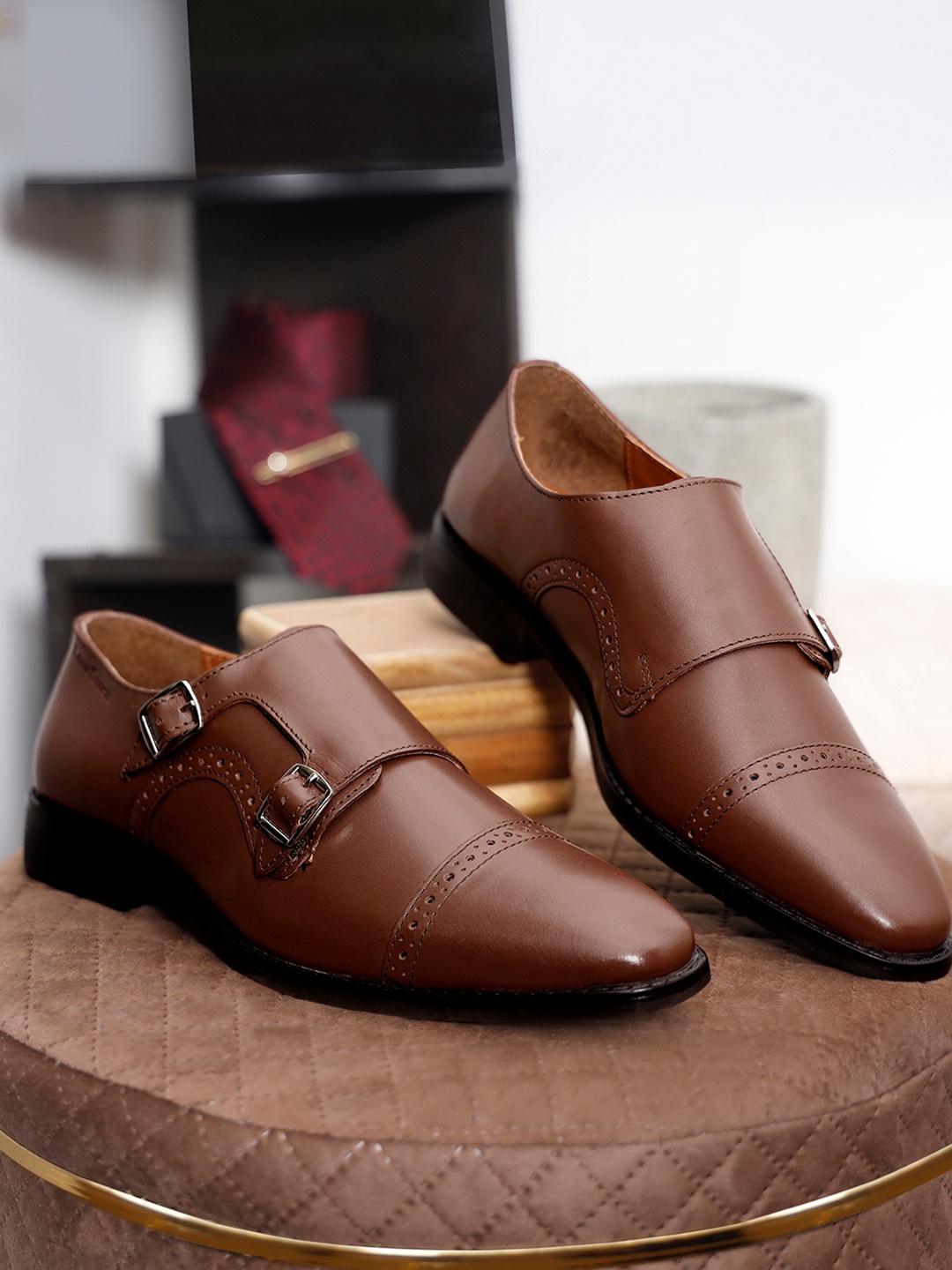 

LOUIS STITCH Men Tan Premium Italian Leather Formal Monk Shoes