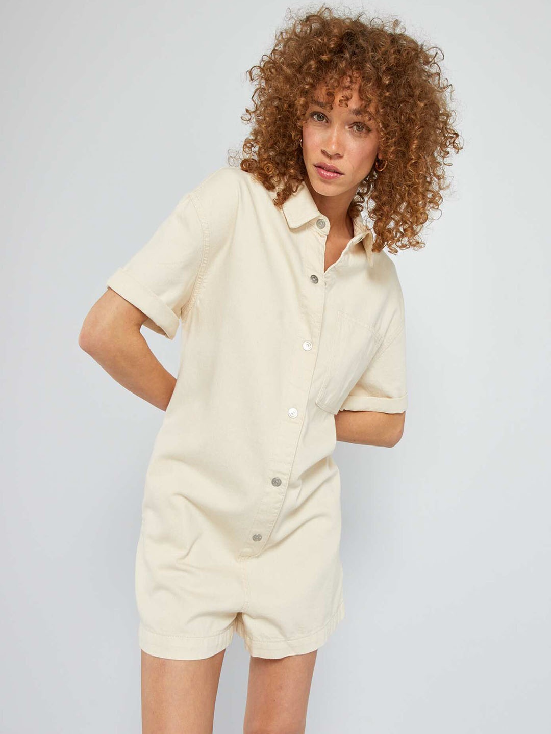 

KIABI Shirt Collar Short Sleeves Cotton Playsuit, Beige