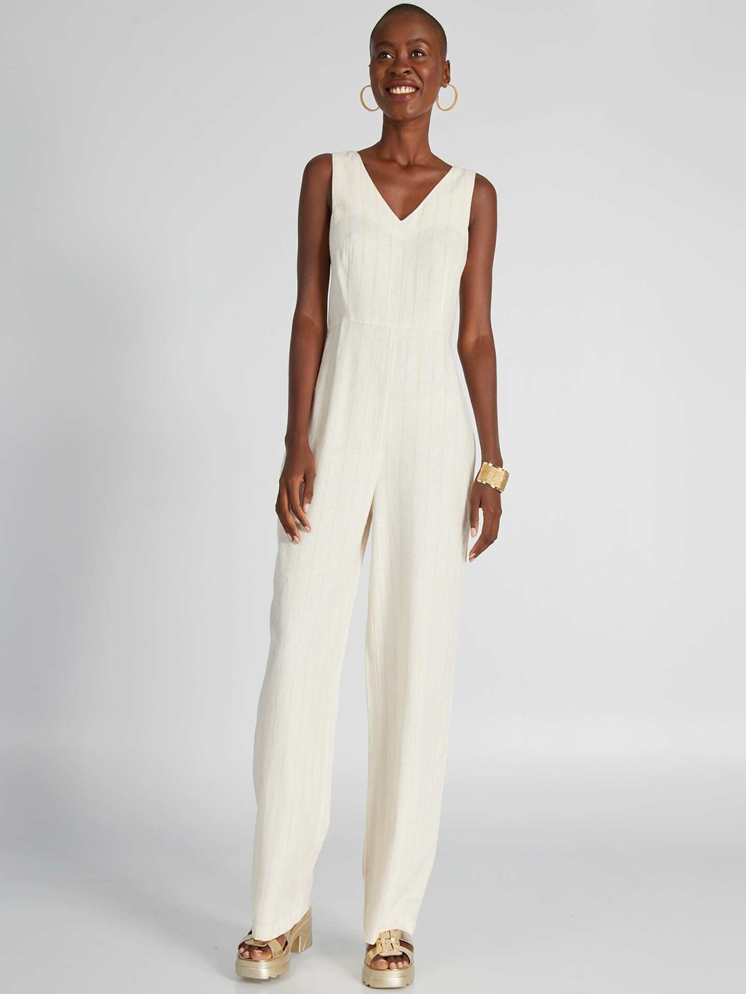 

KIABI Striped V-Neck Basic Jumpsuit, Off white