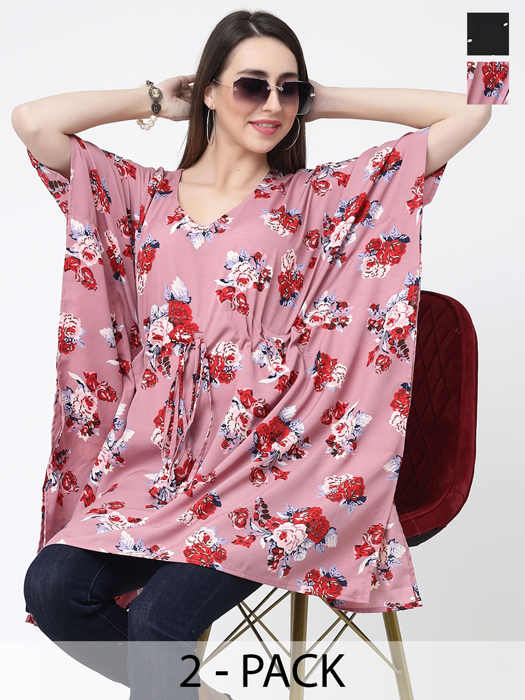 

MISS AYSE Pack Of 2 Floral Printed V-Neck Kimono Sleeves Kaftan Tops, Pink